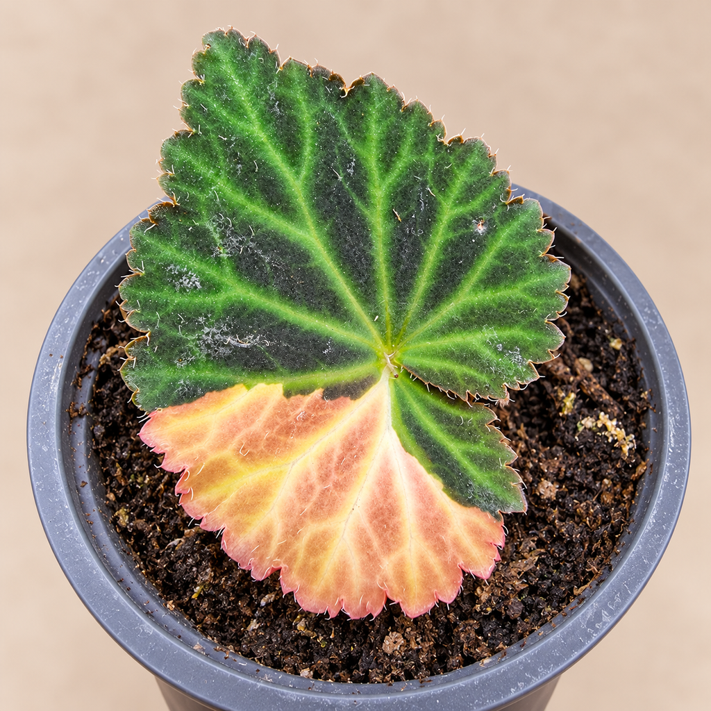 Leaf detail of Begonia Illumination Apricot Shades variegated sport with cream and peach-pink sector